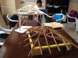 Study models of the wooden roof structure. 
